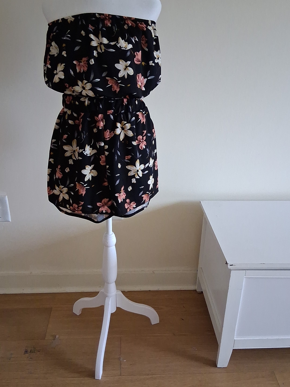 Strapless Black Floral Romper with Elastic Waist